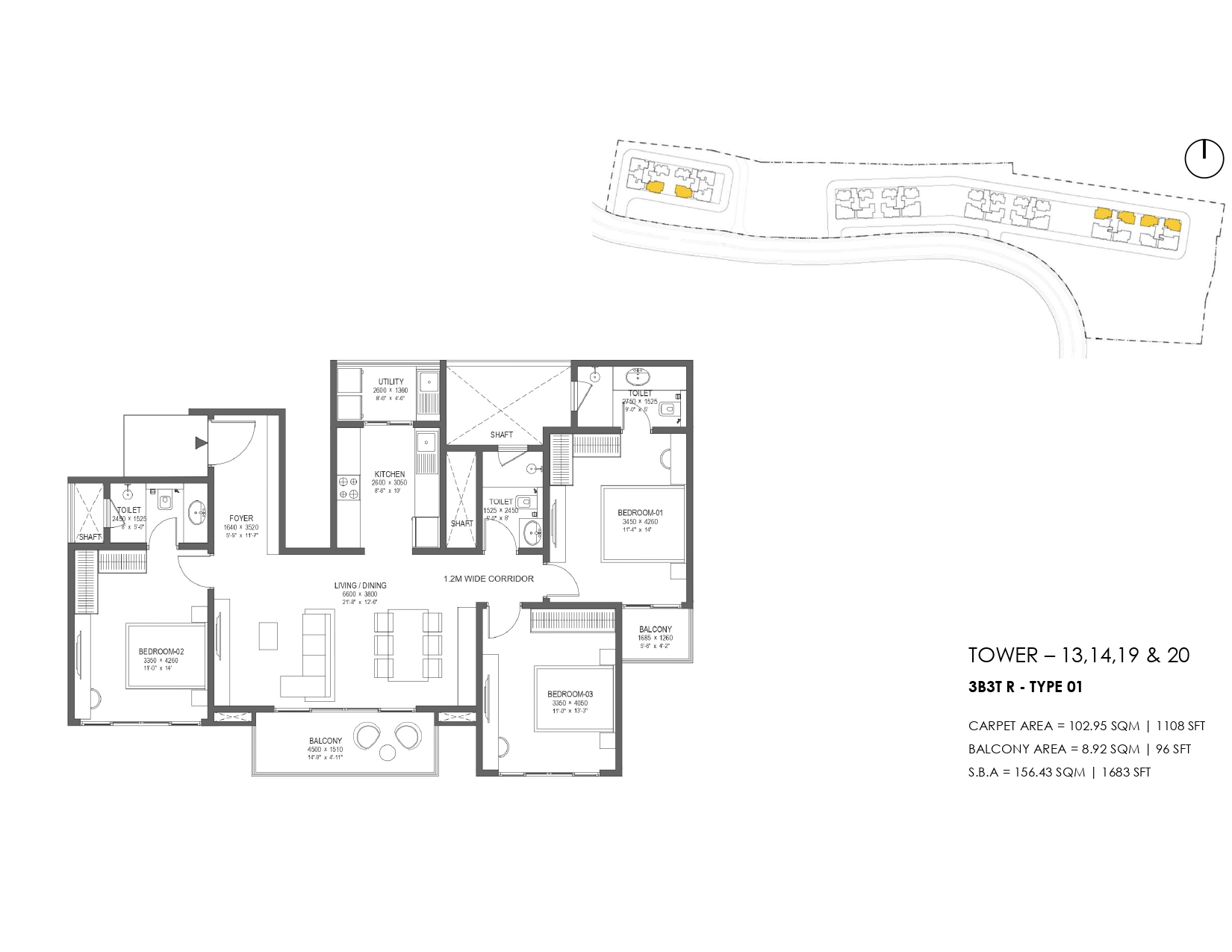 3BHK 3 toilet Type 01 floor plan Nambiar District 25